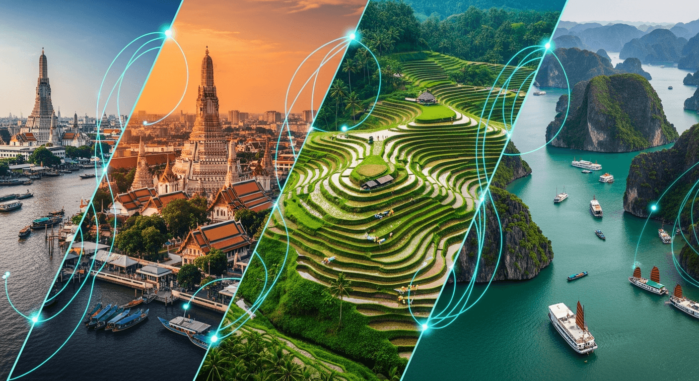 Aerial view composite of Bangkok, Bali, and Halong Bay connected by data threads — illustration for the Southeast Asia eSIM guide