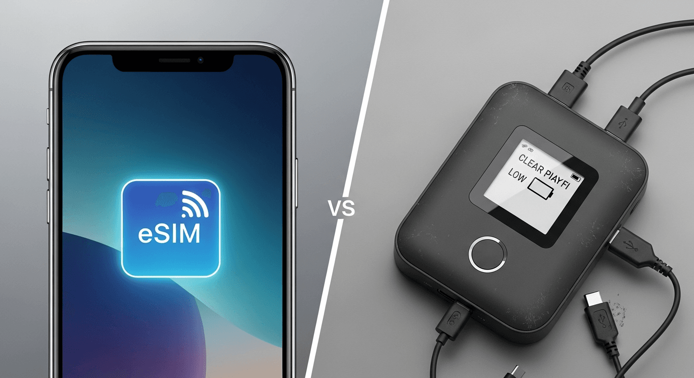Side-by-side illustration comparing a sleek eSIM smartphone with a bulky pocket Wi-Fi hotspot device