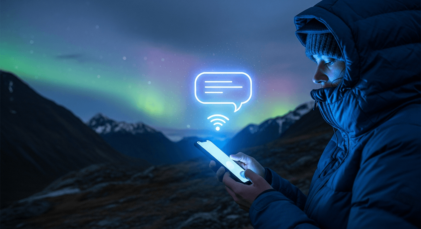 Traveler in a remote mountain location using offline messaging on a phone — illustration of the LTE.app Flash Chat and eSIM Rescue features