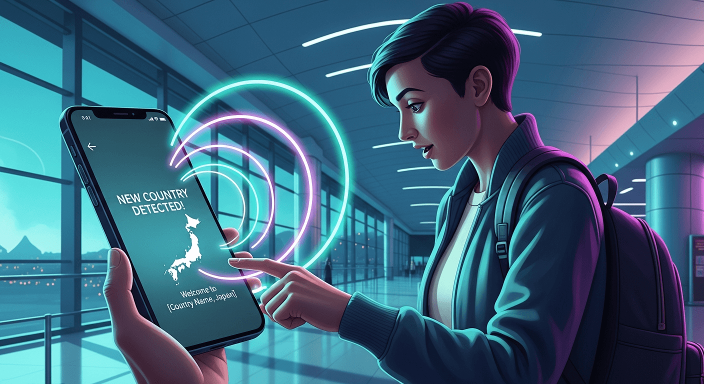 Traveler at an airport arrival gate tapping their phone as it detects a new country — illustration of the LTE.app Just Landed feature