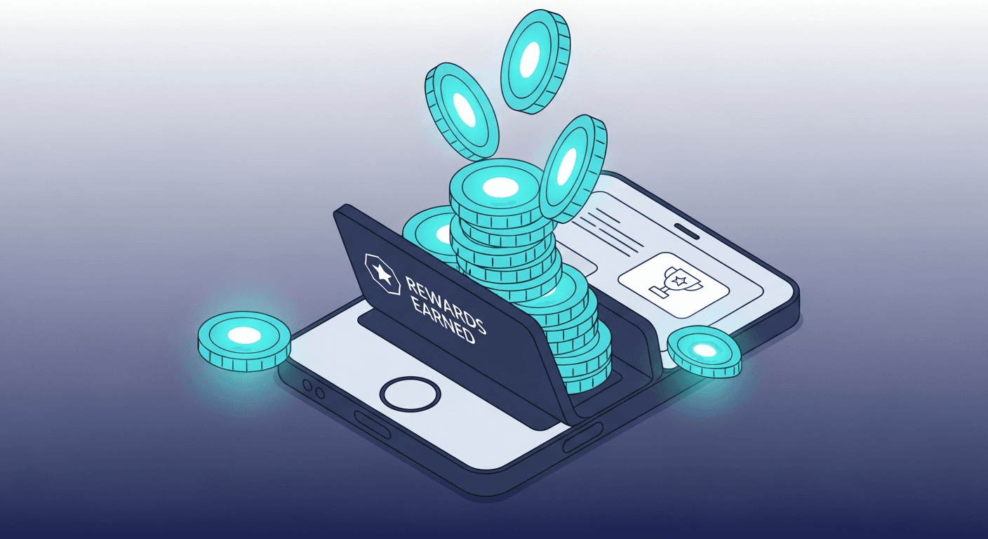 Glowing reward tokens cascading into a smartphone wallet — illustration of the LTE.app token rewards program