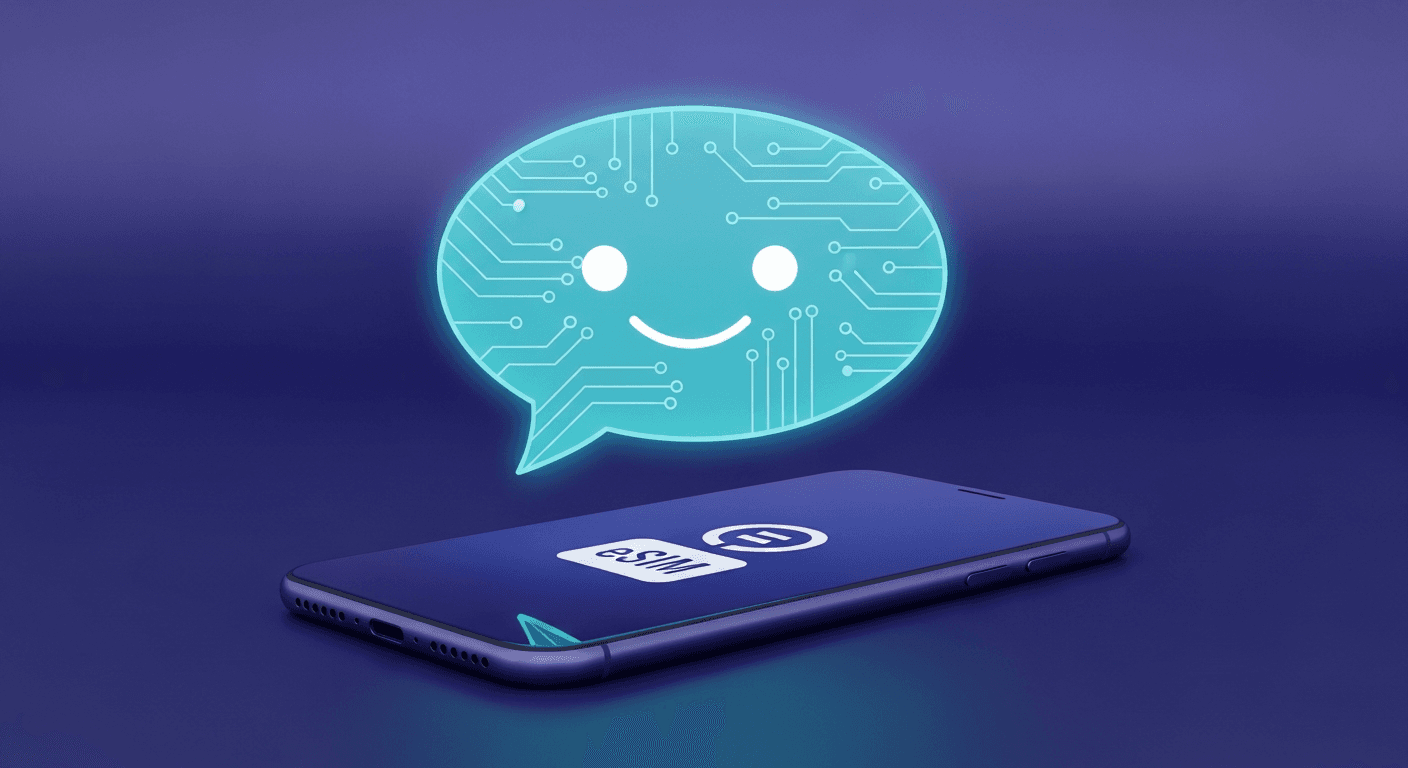 Friendly AI assistant chat bubble beside a smartphone with a fixed eSIM connection — illustration of the LTE.app Smart Coach feature
