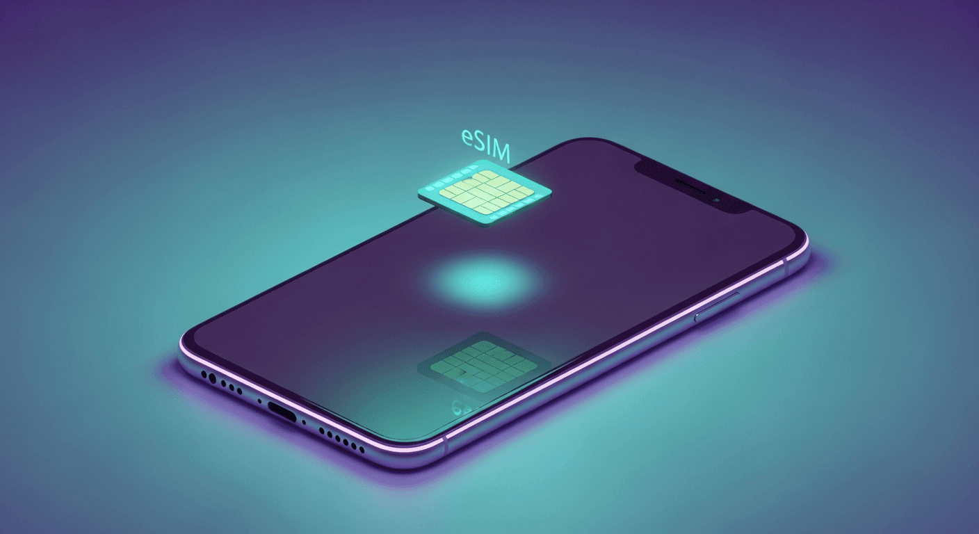 Smartphone with a glowing digital eSIM chip levitating above it — illustration explaining what an eSIM is