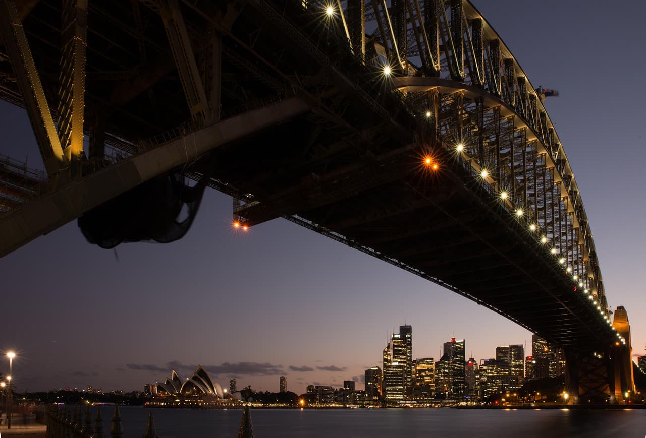 Sydney Opera House and harbour bridge at dusk — stay connected across Australia with an LTE.app eSIM