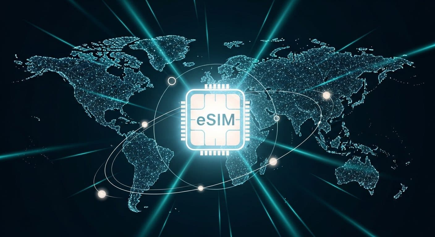 Glowing eSIM chip centered on a holographic world map with teal connection beams — representing global eSIM connectivity across 196 countries.